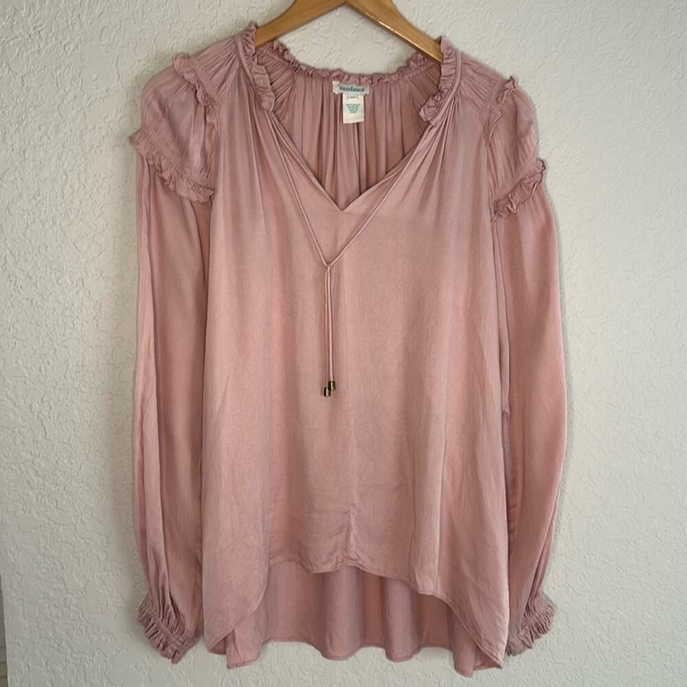 Sundance Mauve Pink Long Sleeve Blouse Ruffle Coquette Demure Feminine Cottage